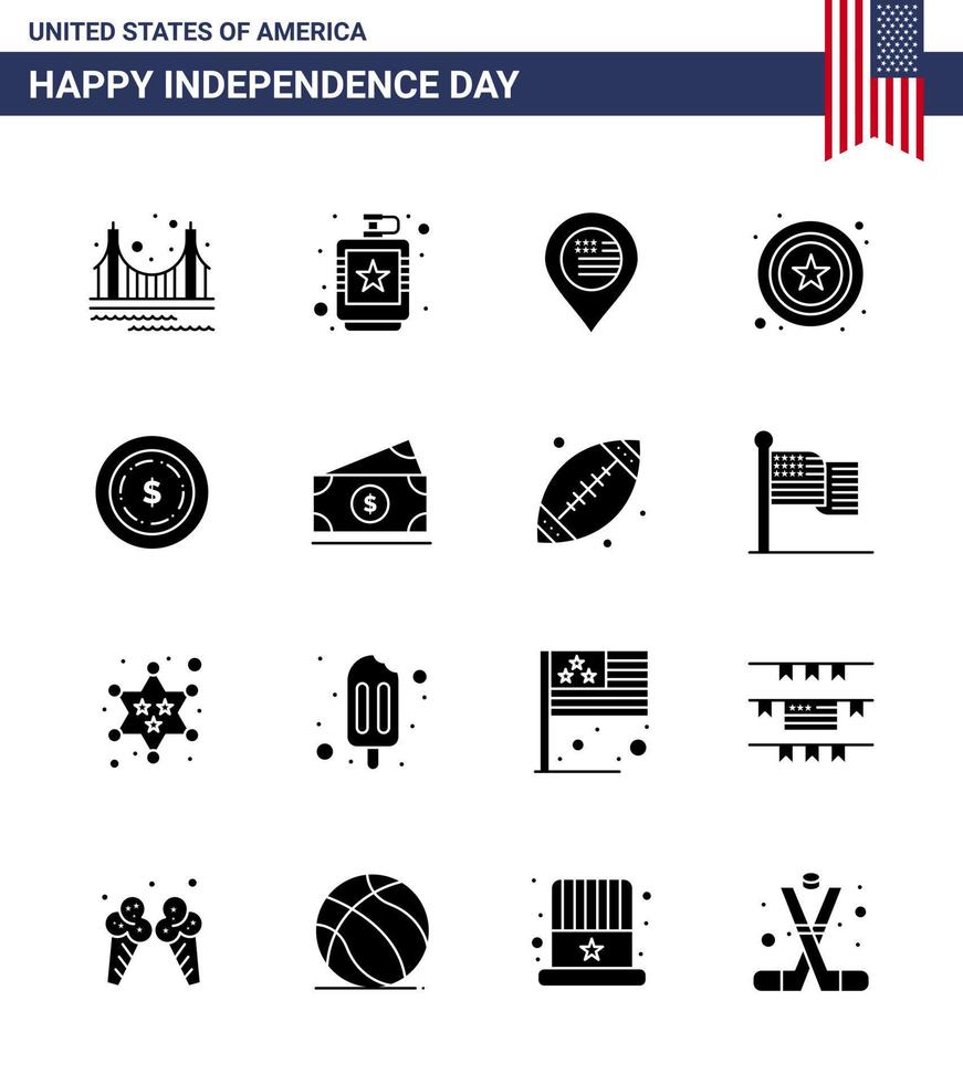 conjunto de 16 iconos del día de los ee.uu. símbolos americanos signos del día de la independencia para el mapa de la policía de la cadera de la estrella americana elementos editables del diseño del vector del día de los ee.uu.