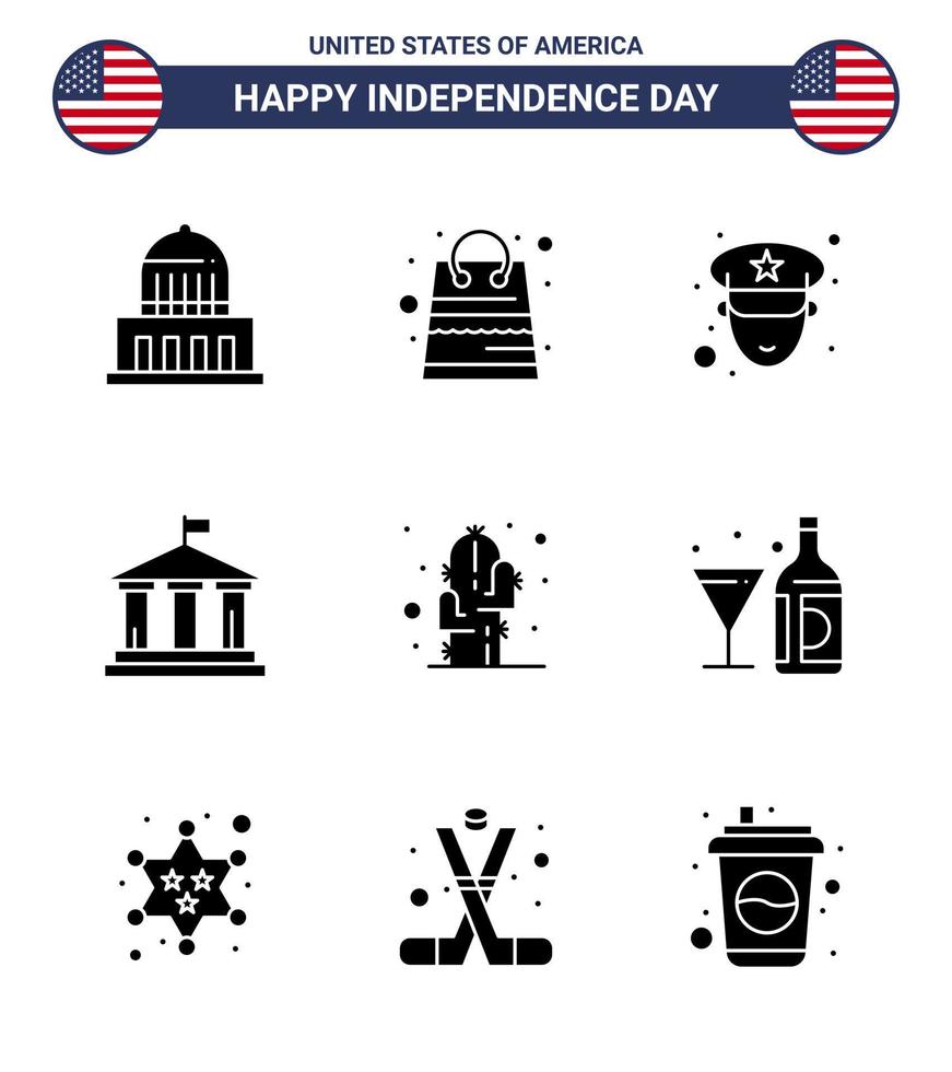 9 USA Solid Glyph Signs Independence Day Celebration Symbols of plant cactus man usa flag Editable USA Day Vector Design Elements