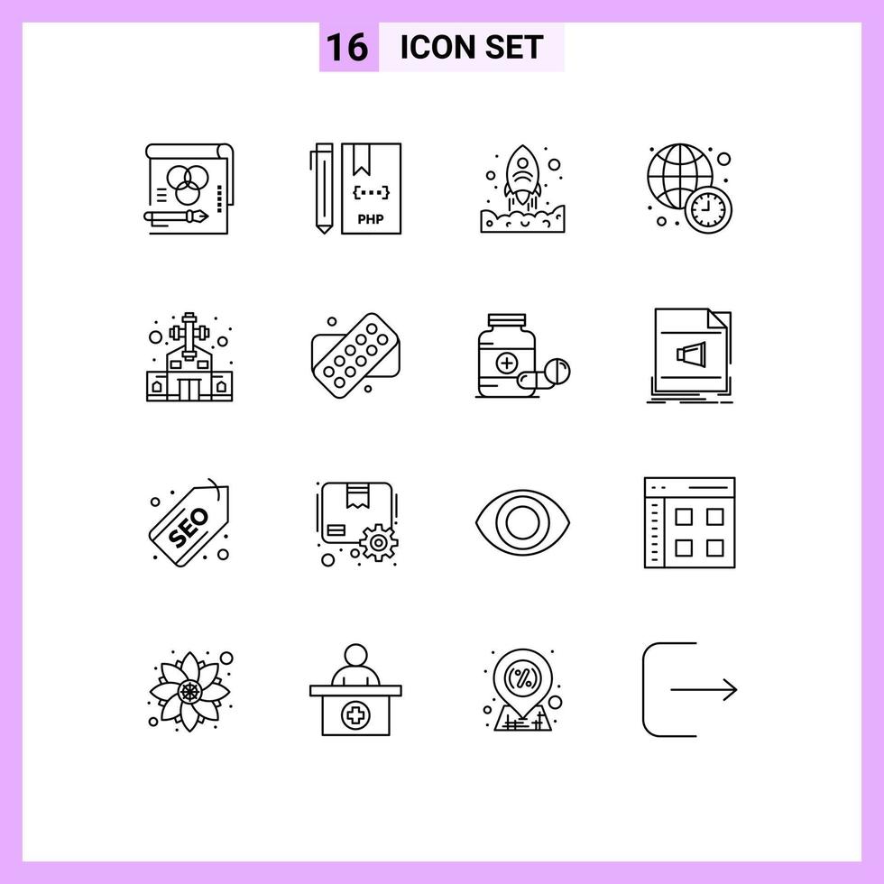 Universal Icon Symbols Group of 16 Modern Outlines of world news international file clock start Editable Vector Design Elements