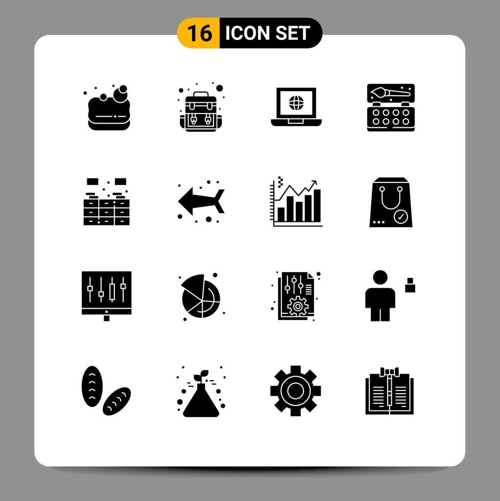 Group of 16 Modern Solid Glyphs Set for rack cabinet globe bookcase paint Editable Vector Design Elements