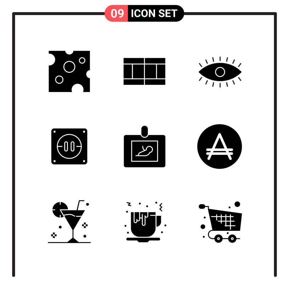 conjunto de 9 iconos de estilo sólido para web y símbolos de glifos móviles para imprimir signos de iconos sólidos aislados en fondo blanco vector