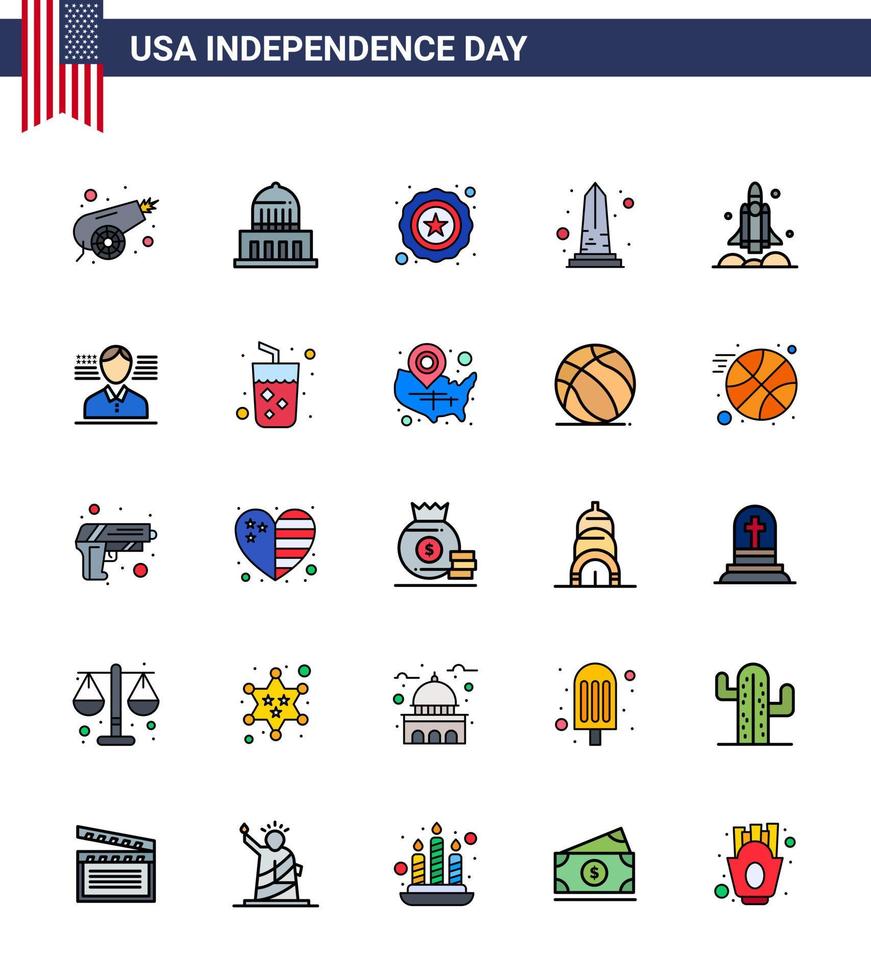 conjunto de 25 líneas planas vectoriales llenas el 4 de julio, día de la independencia de estados unidos, como cohetes, policía de washington, monumento de estados unidos, elementos de diseño vectorial editables del día de estados unidos vector