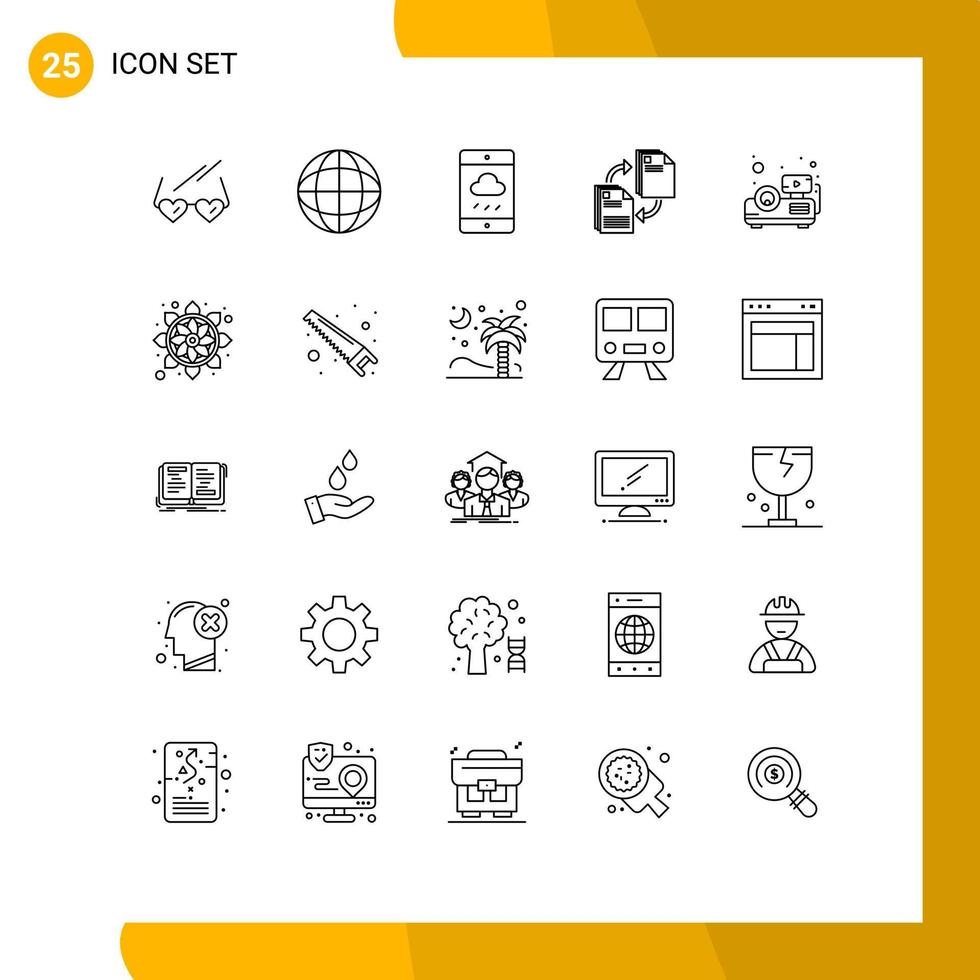 grupo de 25 líneas de signos y símbolos para documentos de proyector que comparten archivos de teléfonos inteligentes elementos de diseño de vectores editables