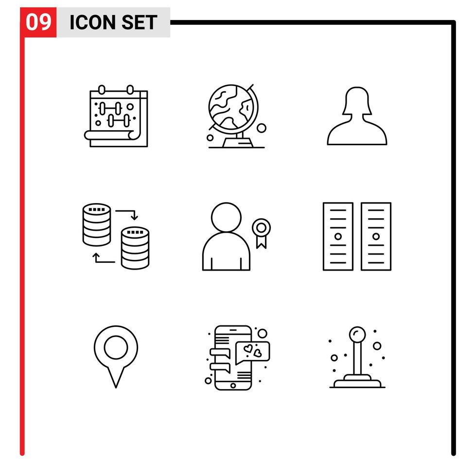 Modern Set of 9 Outlines Pictograph of achievement storage table globe sql database Editable Vector Design Elements