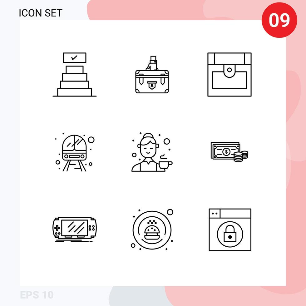 Pack of 9 Modern Outlines Signs and Symbols for Web Print Media such as avatar train marketing service treasure Editable Vector Design Elements