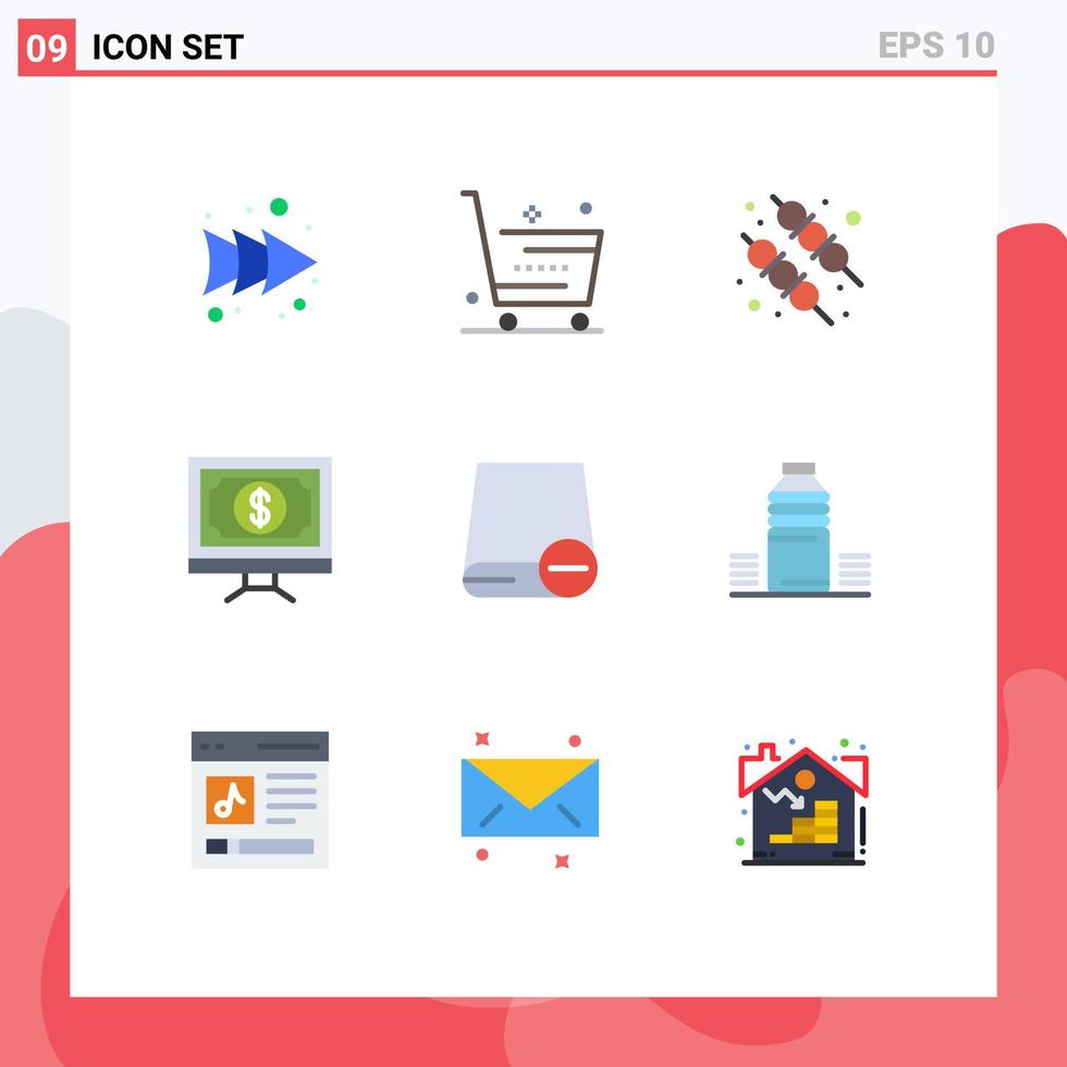 User Interface Pack of 9 Basic Flat Colors of devices pay barbecue money click Editable Vector Design Elements