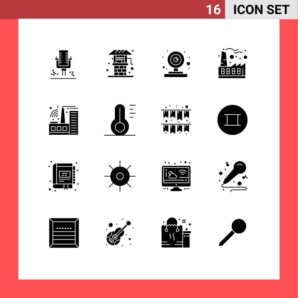 conjunto de 16 glifos sólidos vectoriales en la cuadrícula para la cámara de la industria de la fábrica elementos de diseño vectorial editables de la economía industrial vector