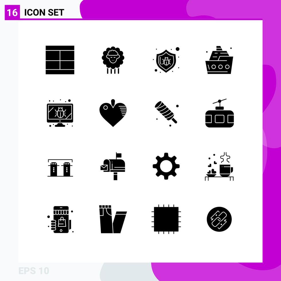 Set of 16 Vector Solid Glyphs on Grid for summer sea spring ocean security Editable Vector Design Elements