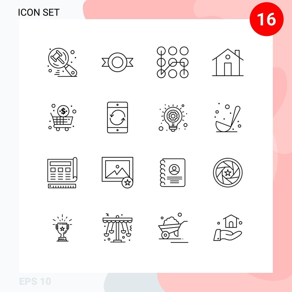 Pack of 16 Modern Outlines Signs and Symbols for Web Print Media such as cart house protection family chimney Editable Vector Design Elements