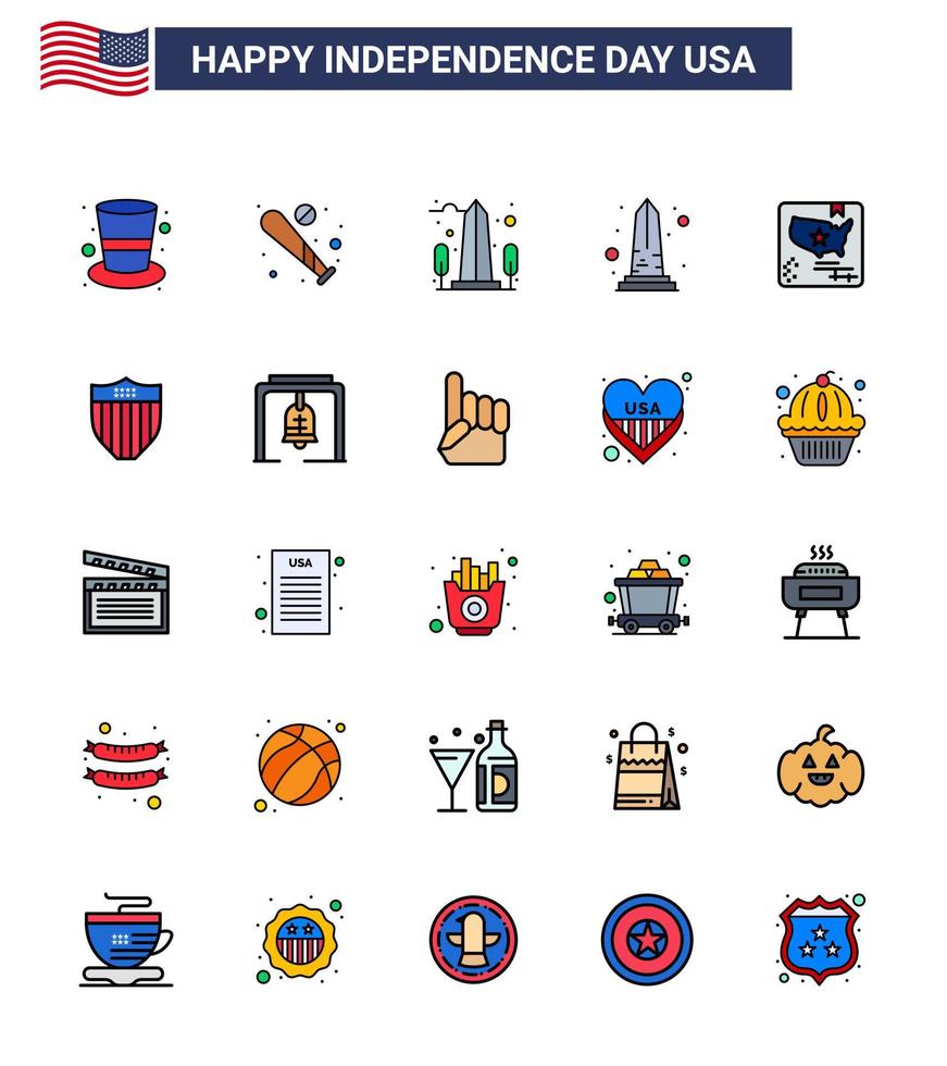 Stock Vector Icon Pack of American Day 25 Flat Filled Line Signs and Symbols for world flag usa american usa Editable USA Day Vector Design Elements