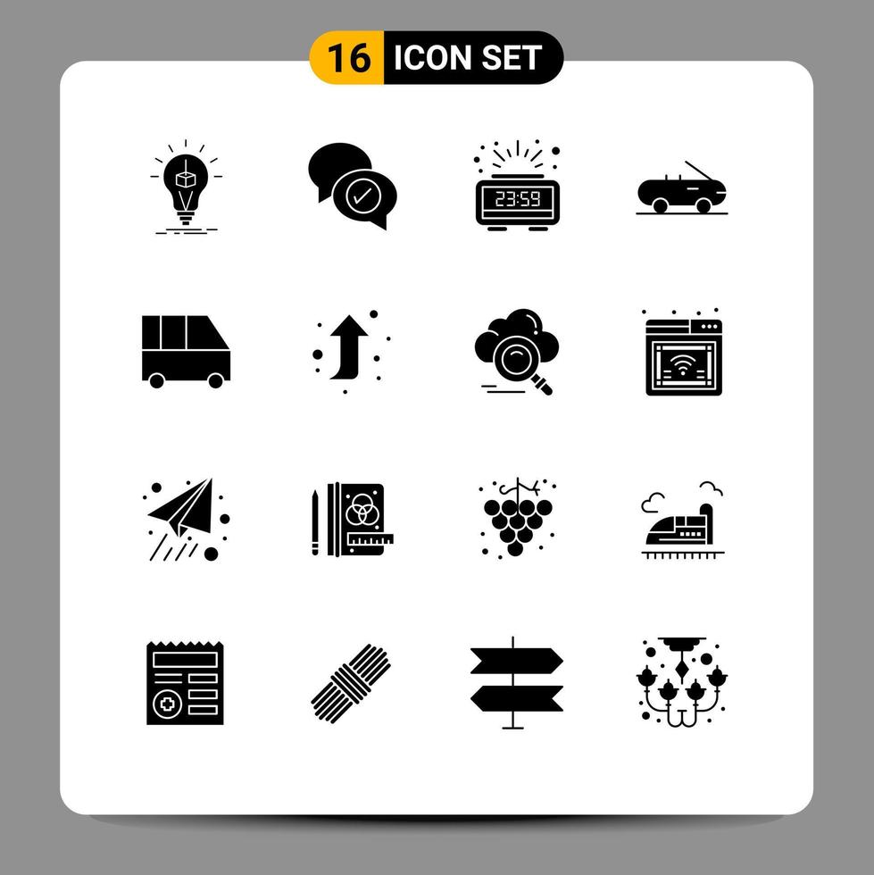 Group of 16 Solid Glyphs Signs and Symbols for minibus delivery van chatting car time Editable Vector Design Elements