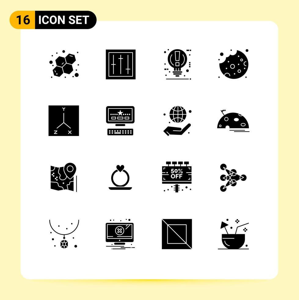 16 User Interface Solid Glyph Pack of modern Signs and Symbols of location food bulb cookie pause Editable Vector Design Elements