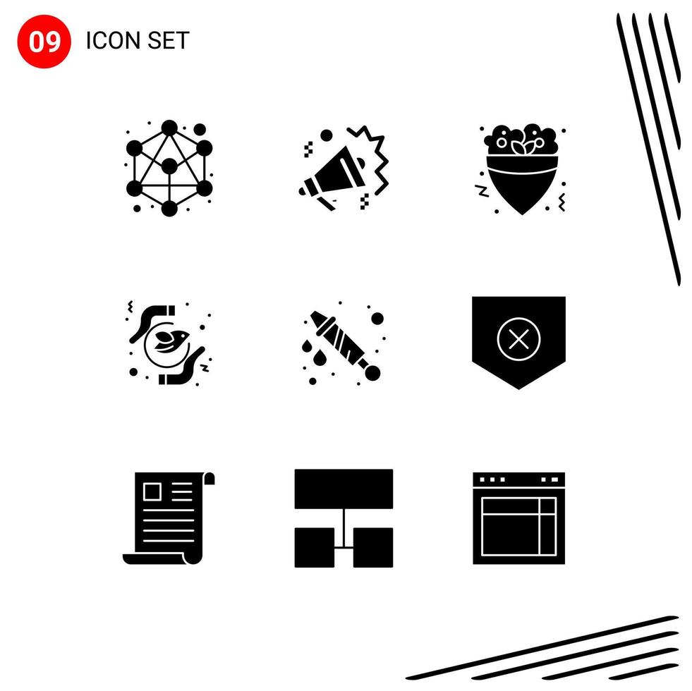 Pack of 9 creative Solid Glyphs of water gun purity food peace feminism Editable Vector Design Elements