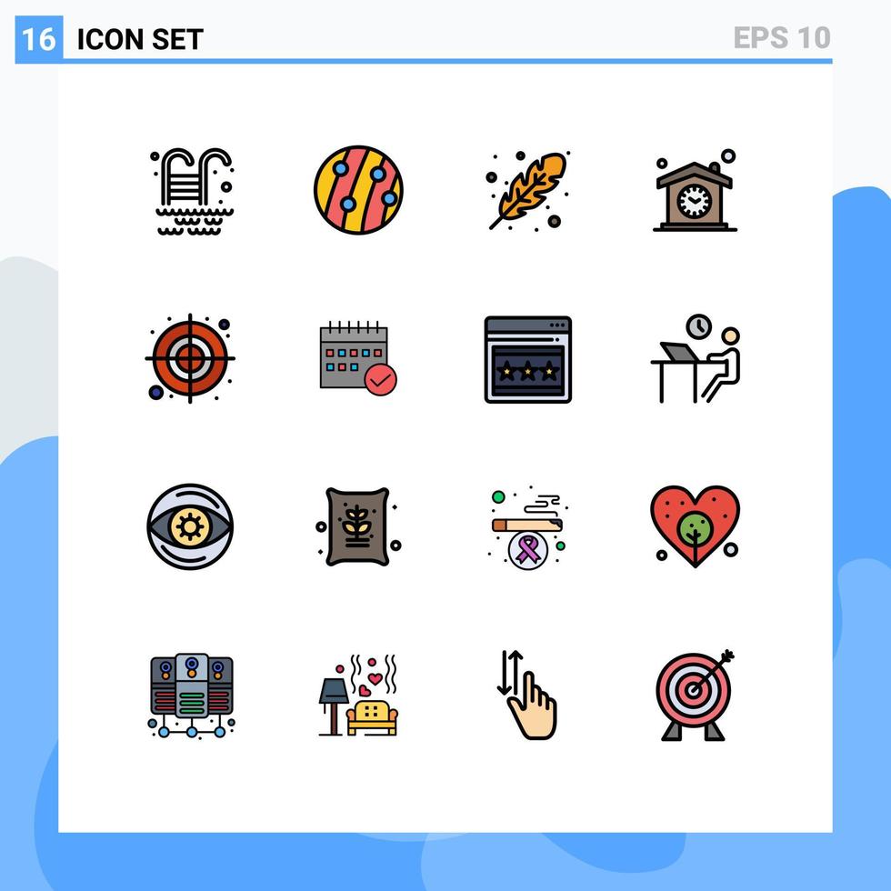 paquete de 16 líneas llenas de colores planos modernos, signos y símbolos para medios de impresión web, como reloj circular, hora de otoño, elementos de diseño de vectores creativos editables en casa