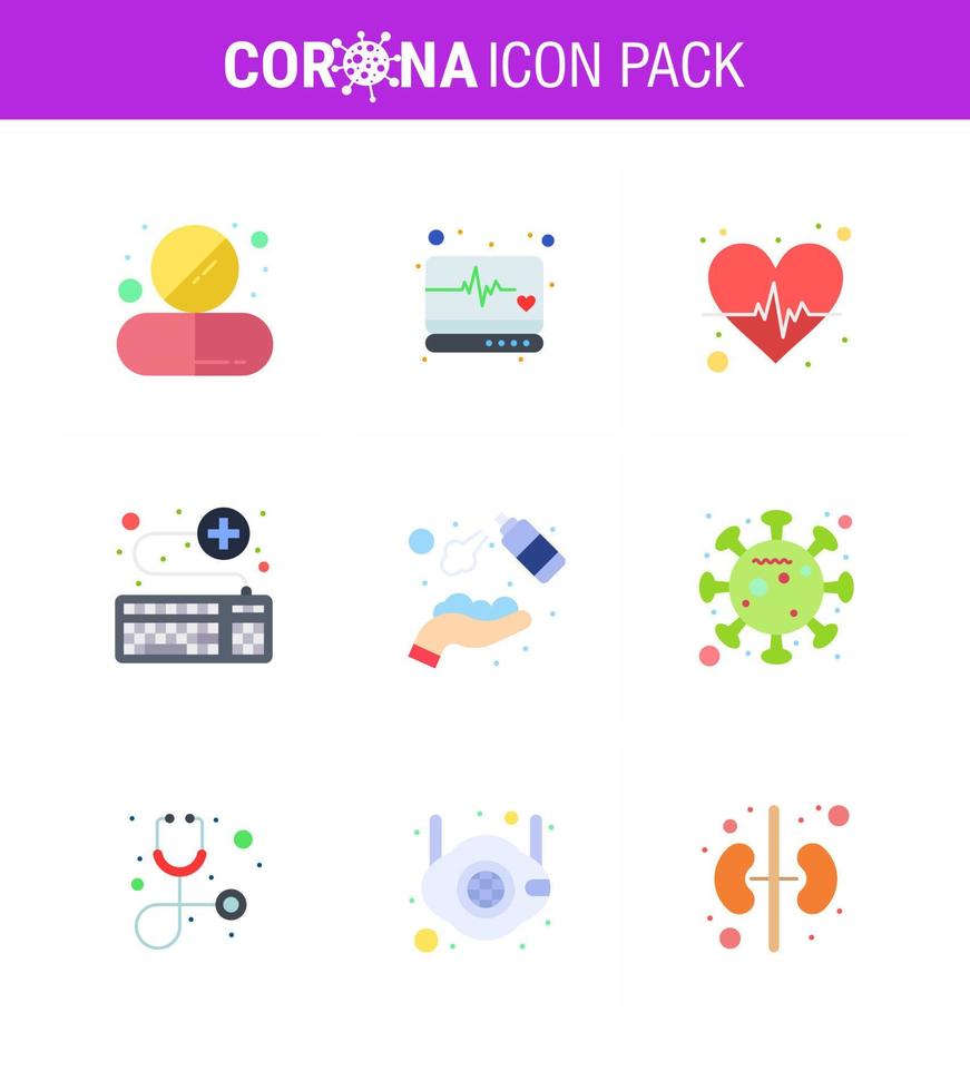 conjunto de iconos covid19 para el paquete infográfico de 9 colores planos, como el monitor médico en línea, el teclado, el cuidado del corazón, el coronavirus viral 2019nov, los elementos de diseño del vector de enfermedad