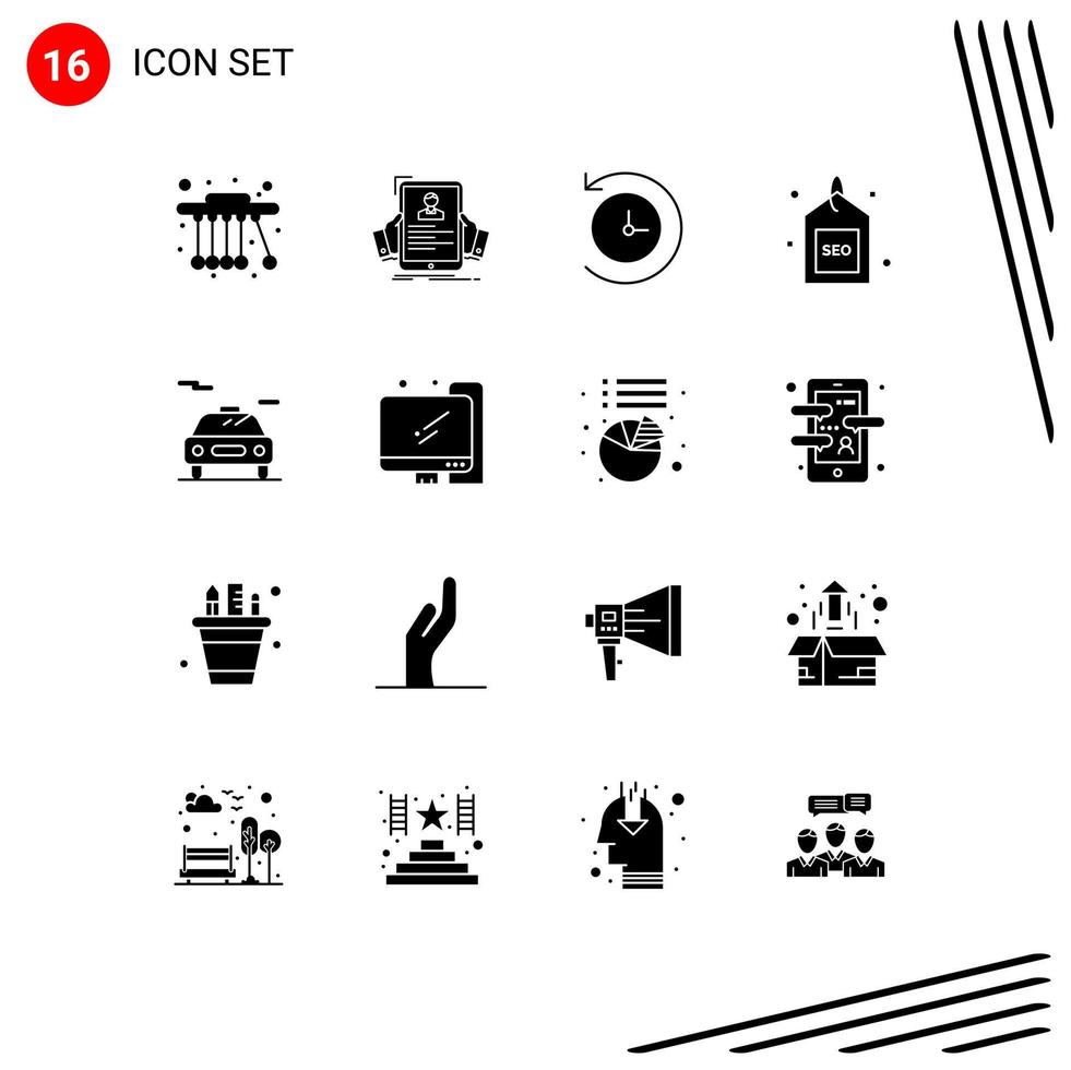 Set of 16 Commercial Solid Glyphs pack for electric seo backup search media Editable Vector Design Elements