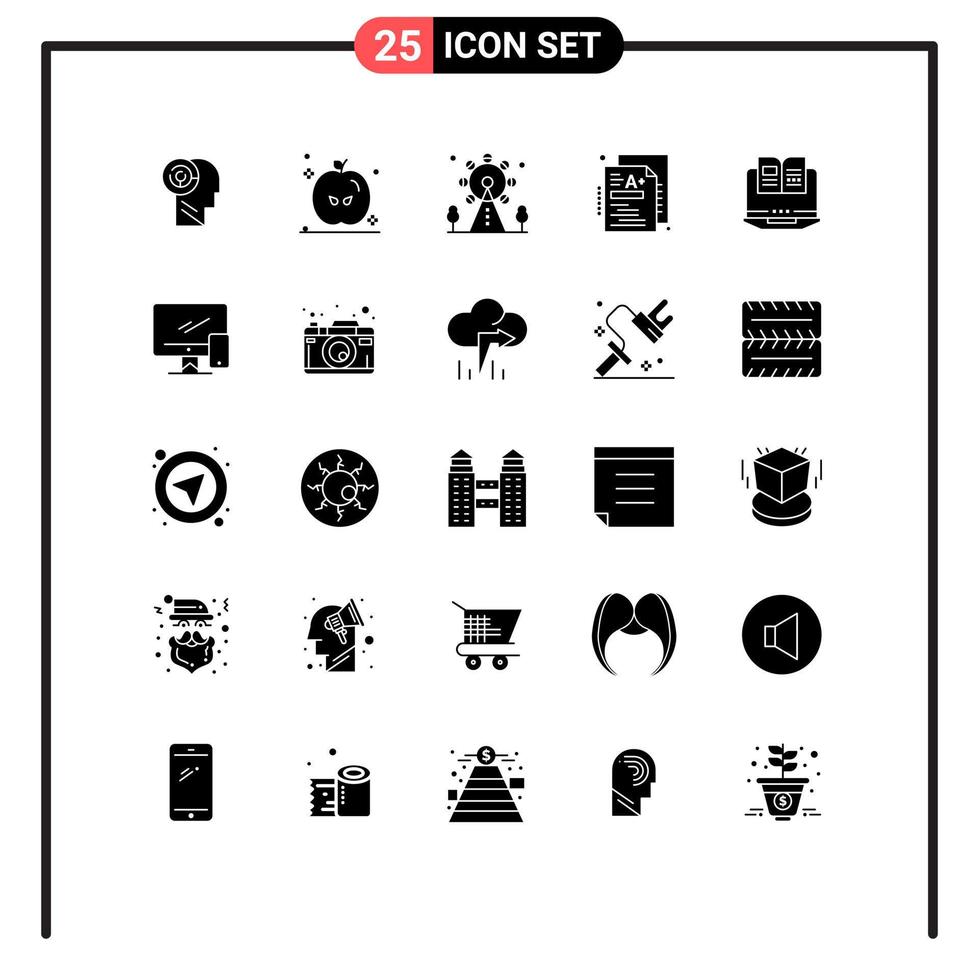 Set of 25 Commercial Solid Glyphs pack for book laptop leisure knowledge a Editable Vector Design Elements