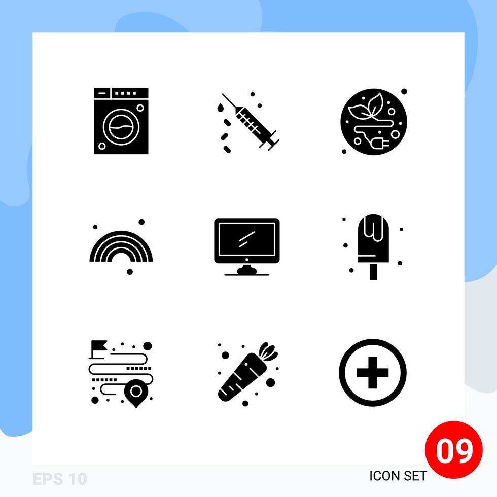 Group of 9 Modern Solid Glyphs Set for device computer alternative energy rainbow forecast Editable Vector Design Elements