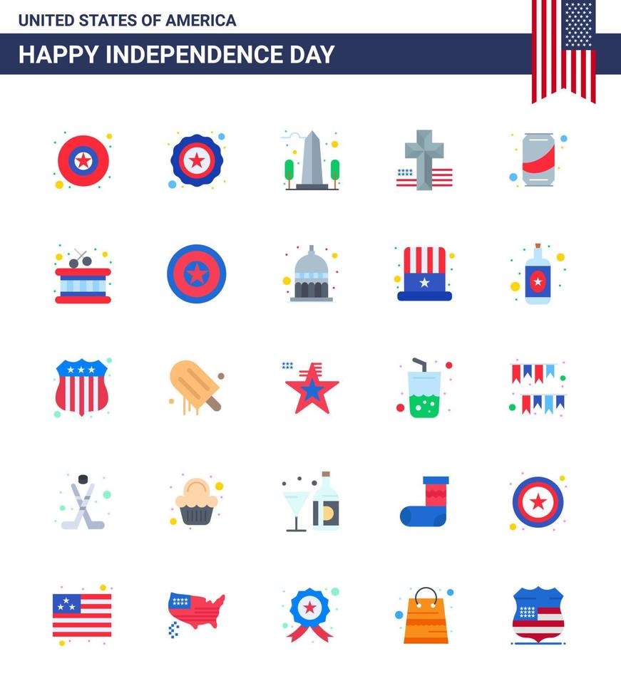 Happy Independence Day 4th July Set of 25 Flats American Pictograph of cola can sight beer cross Editable USA Day Vector Design Elements