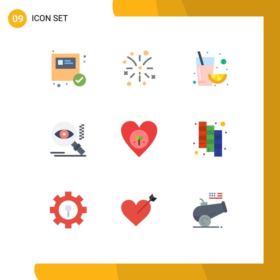 Universal Icon Symbols Group of 9 Modern Flat Colors of heart environment juice ecology view Editable Vector Design Elements