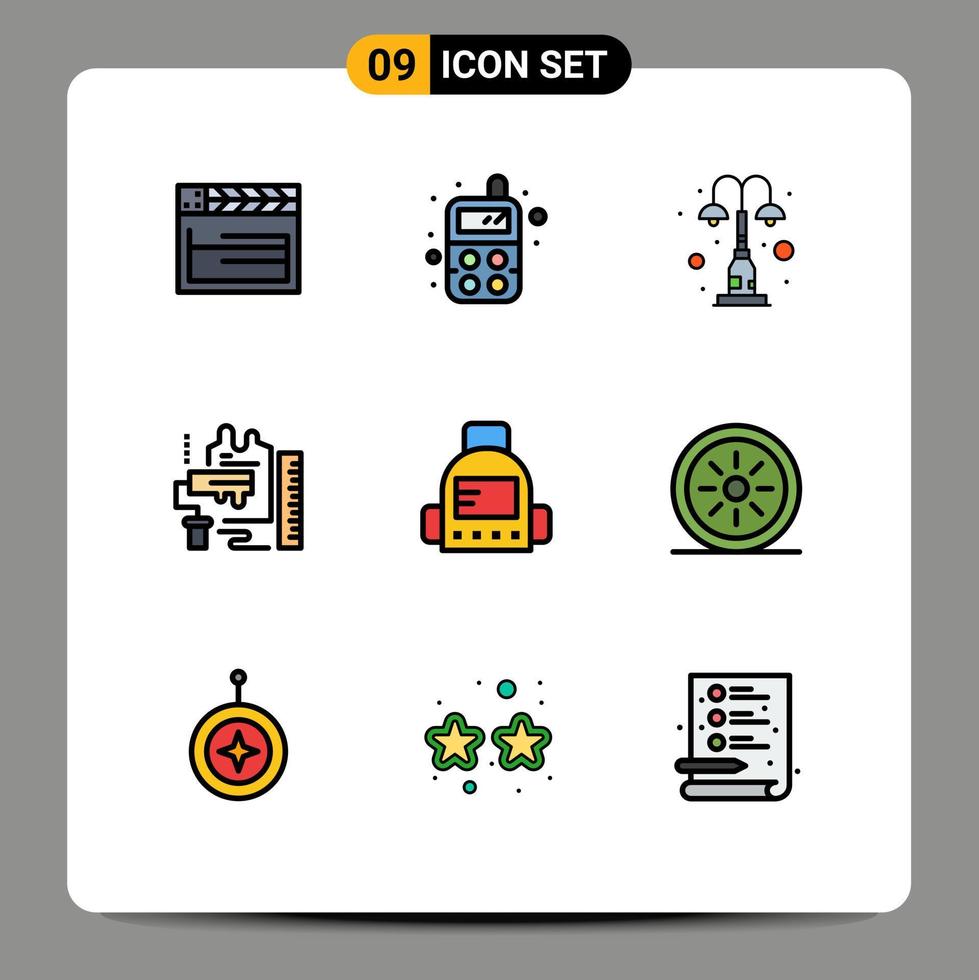 Modern Set of 9 Filledline Flat Colors Pictograph of bag brush light roller decoration Editable Vector Design Elements