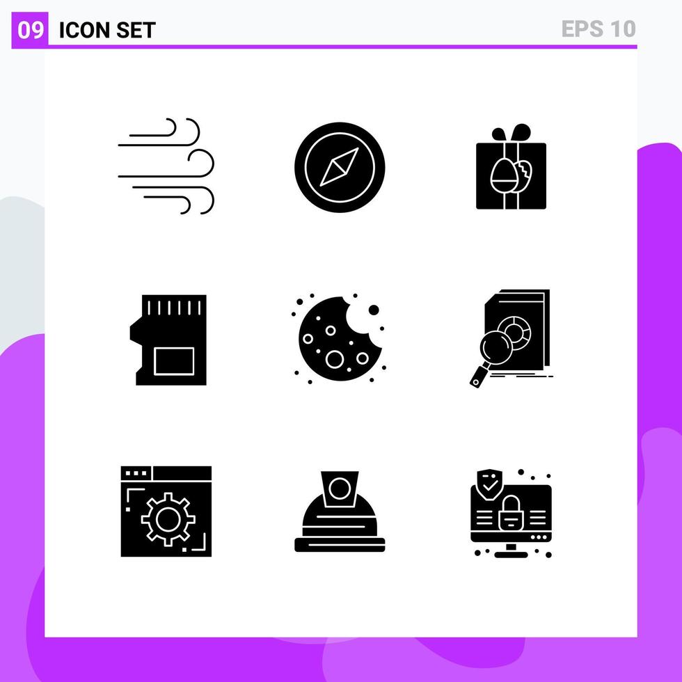 Universal Icon Symbols Group of 9 Modern Solid Glyphs of analysis cookie birthday bite storage Editable Vector Design Elements