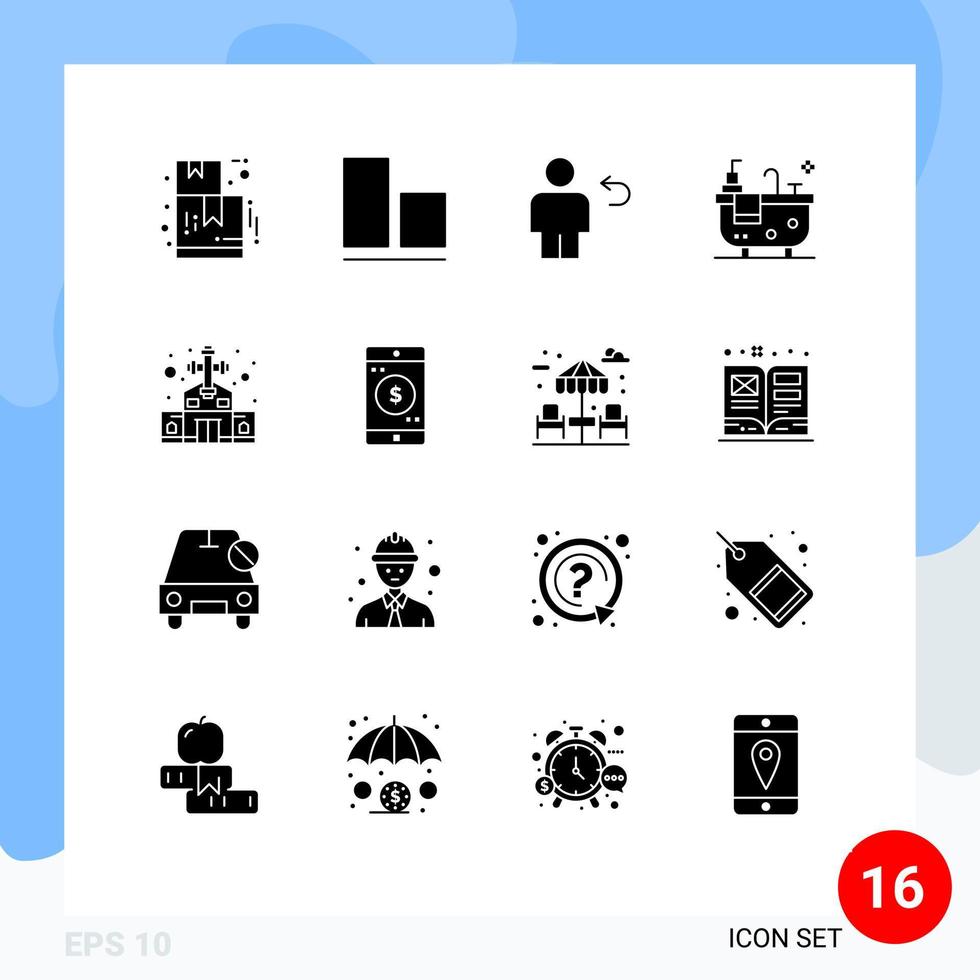 Modern Set of 16 Solid Glyphs and symbols such as christian cross catholic body building bath Editable Vector Design Elements