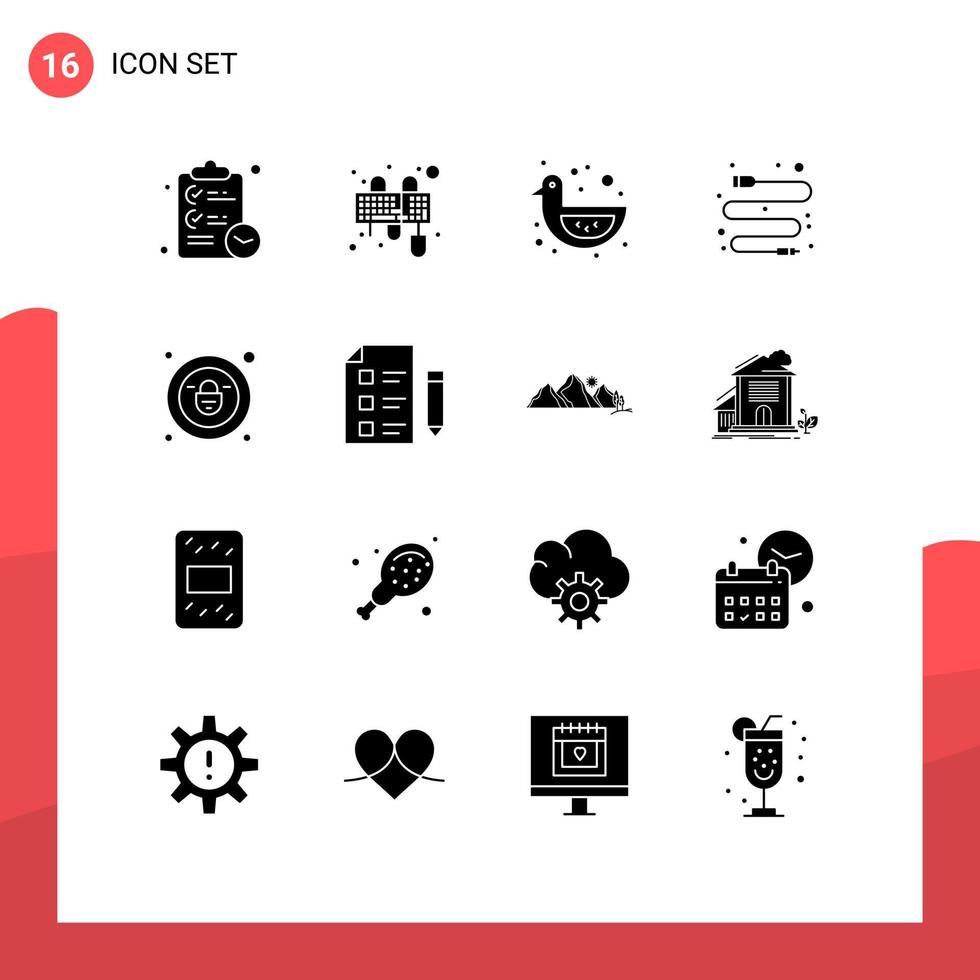 Editable Vector Line Pack of 16 Simple Solid Glyphs of security lock baby duck usb cable Editable Vector Design Elements