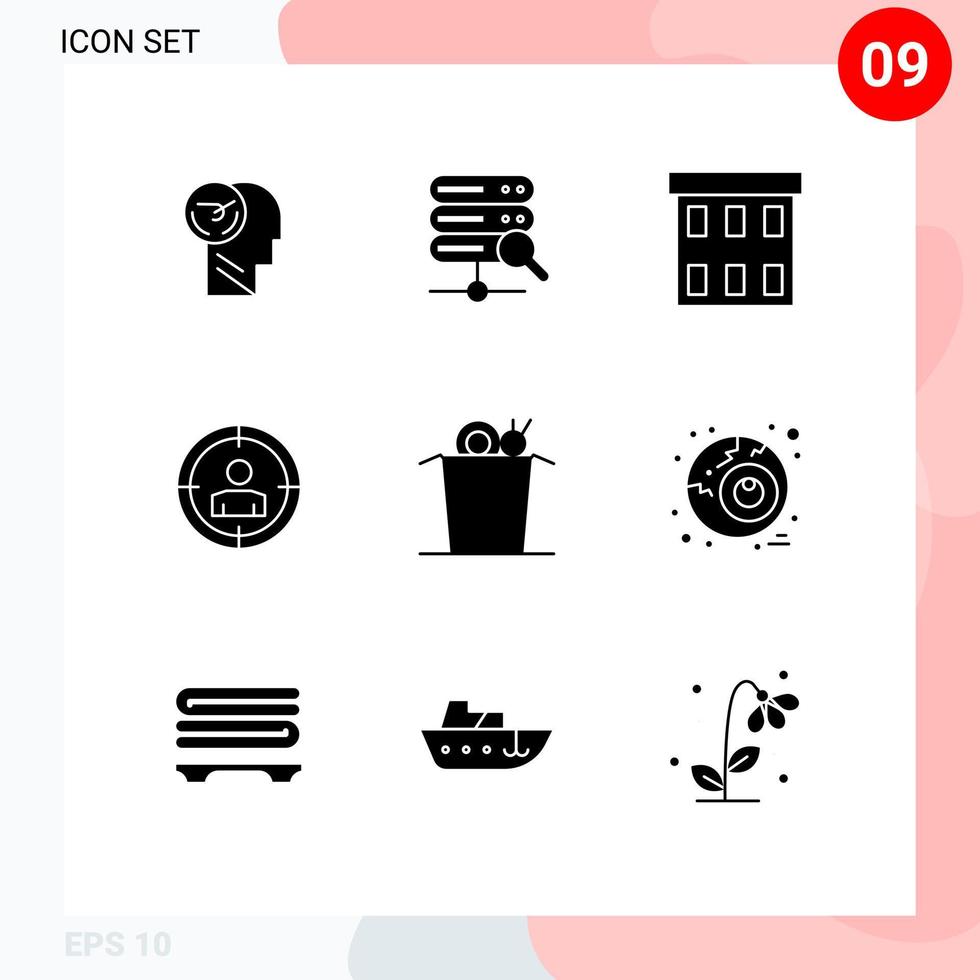 Modern Set of 9 Solid Glyphs and symbols such as food audience targeting building target office Editable Vector Design Elements