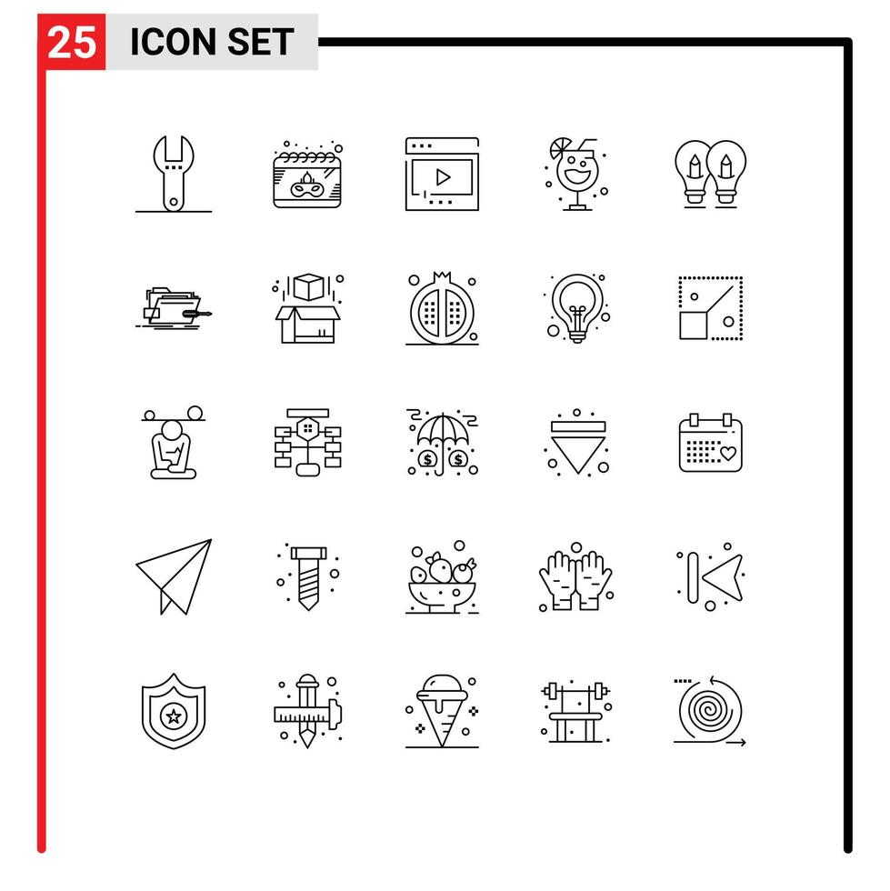 25 User Interface Line Pack of modern Signs and Symbols of solution bulb media drink night Editable Vector Design Elements