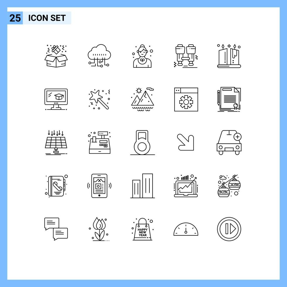 25 User Interface Line Pack of modern Signs and Symbols of light candle restaurant find camping Editable Vector Design Elements