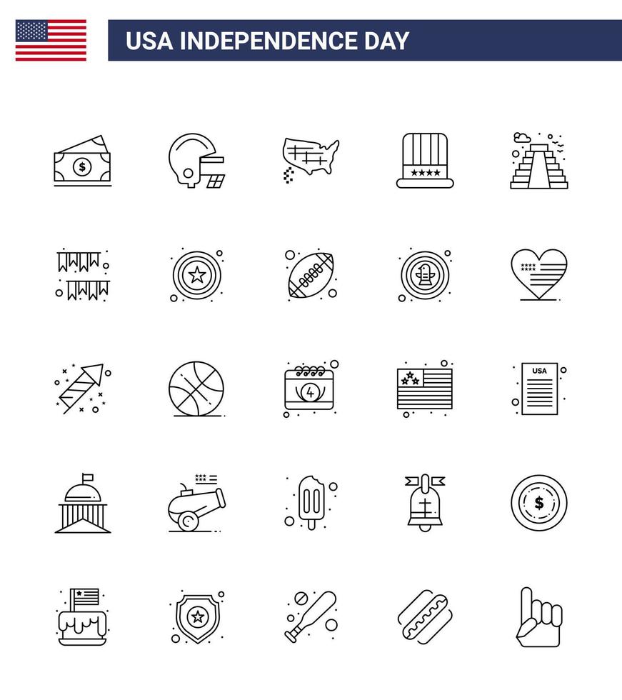 Happy Independence Day USA Pack of 25 Creative Lines of landmark american states usa cap Editable USA Day Vector Design Elements