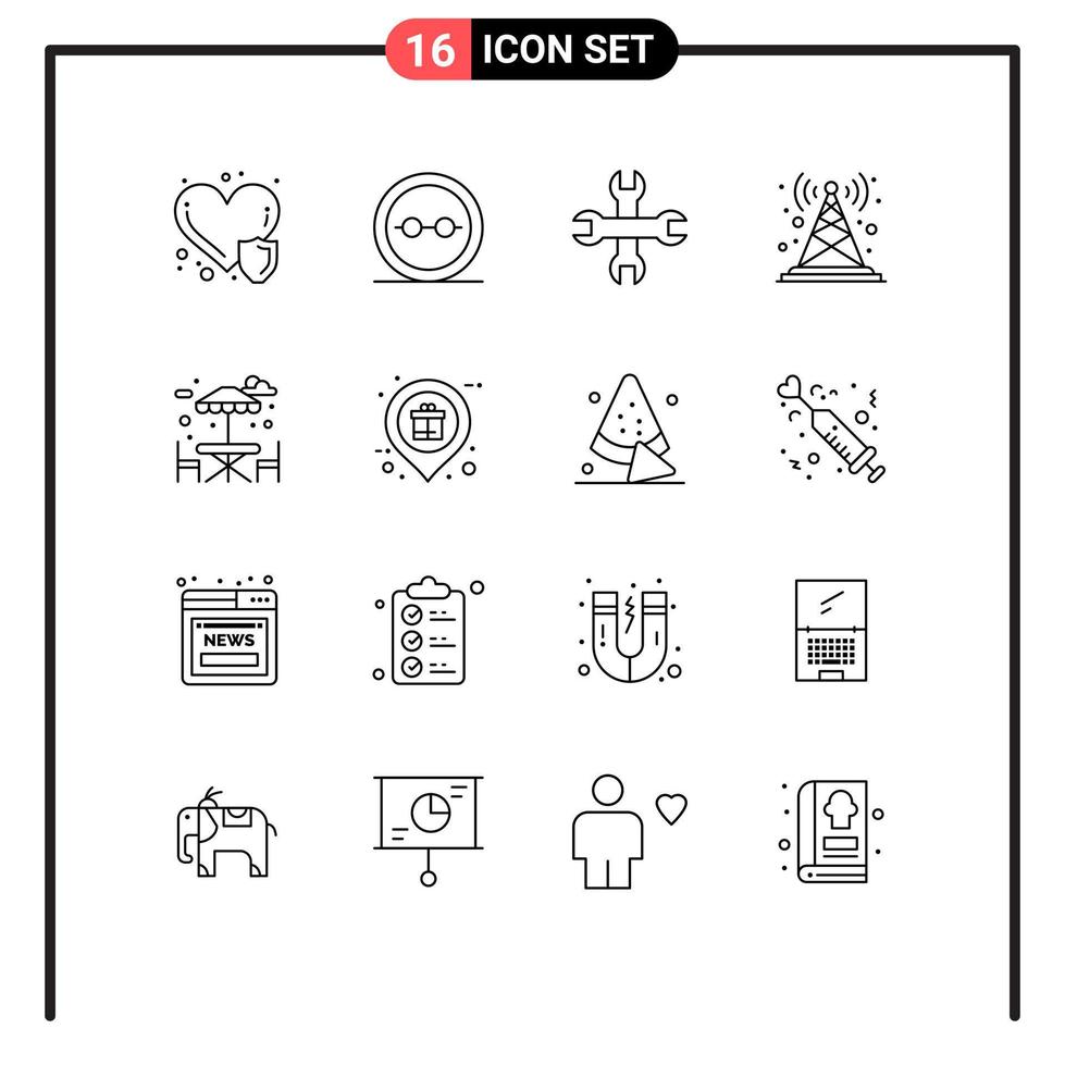 Pack of 16 Modern Outlines Signs and Symbols for Web Print Media such as table tower lenses station antenna Editable Vector Design Elements