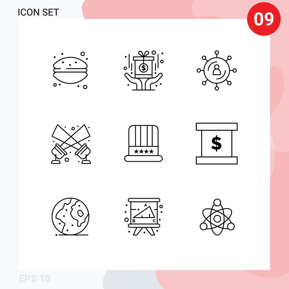 Group of 9 Modern Outlines Set for hat spotlight internet floodlight seo Editable Vector Design Elements