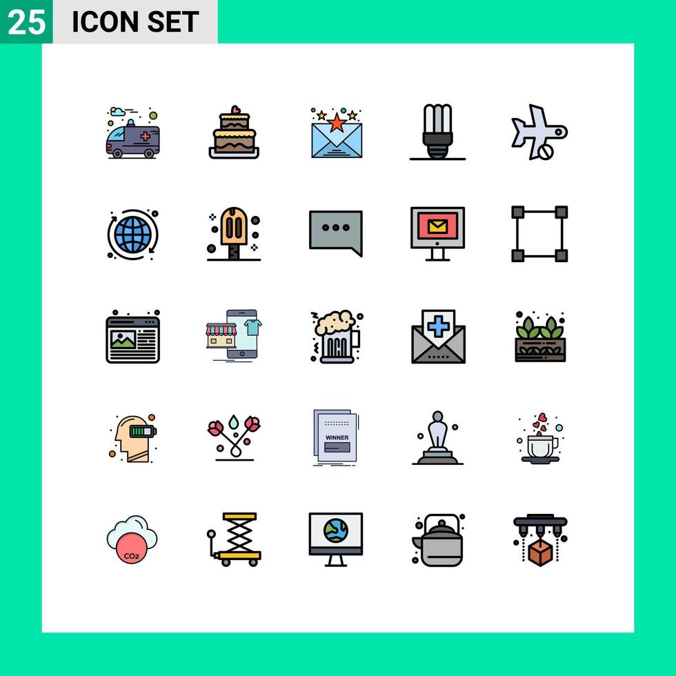 Pack of 25 Modern Filled line Flat Colors Signs and Symbols for Web Print Media such as web transport communication plane cancel Editable Vector Design Elements