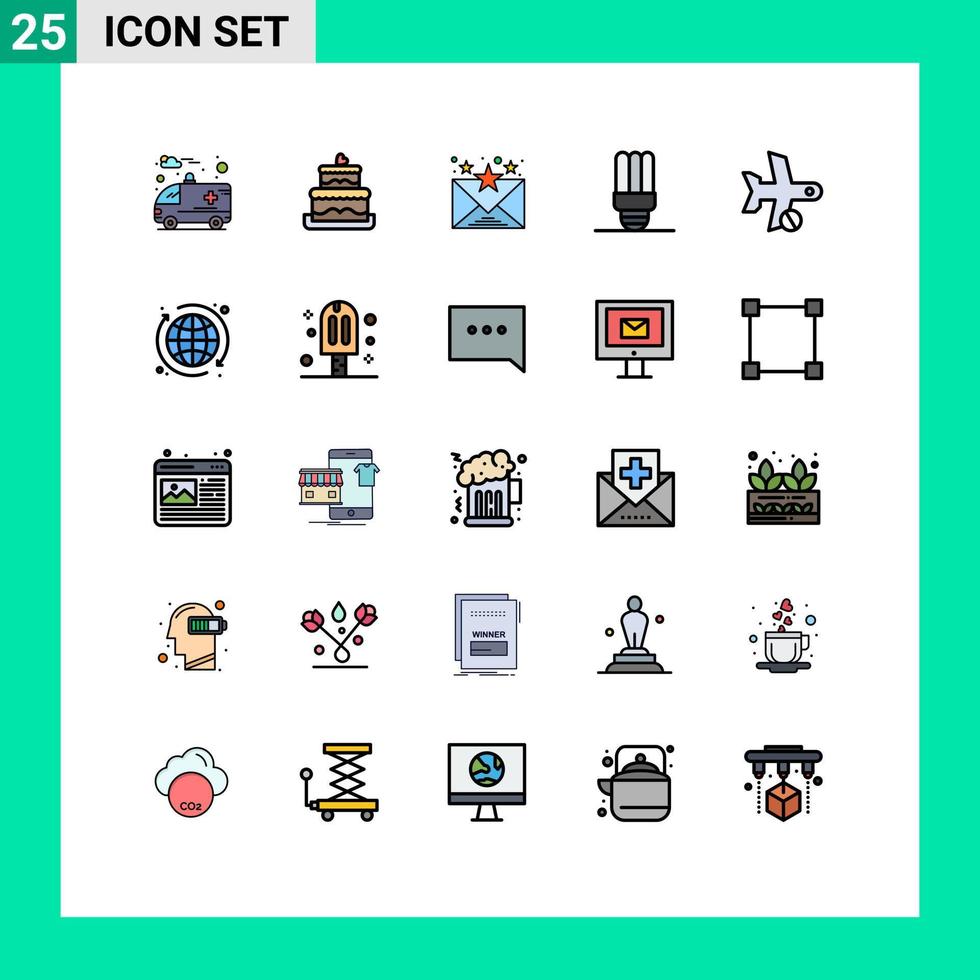 paquete de 25 modernos signos y símbolos de colores planos de línea rellena para medios de impresión web como el plano de comunicación de transporte web cancelar elementos de diseño de vectores editables