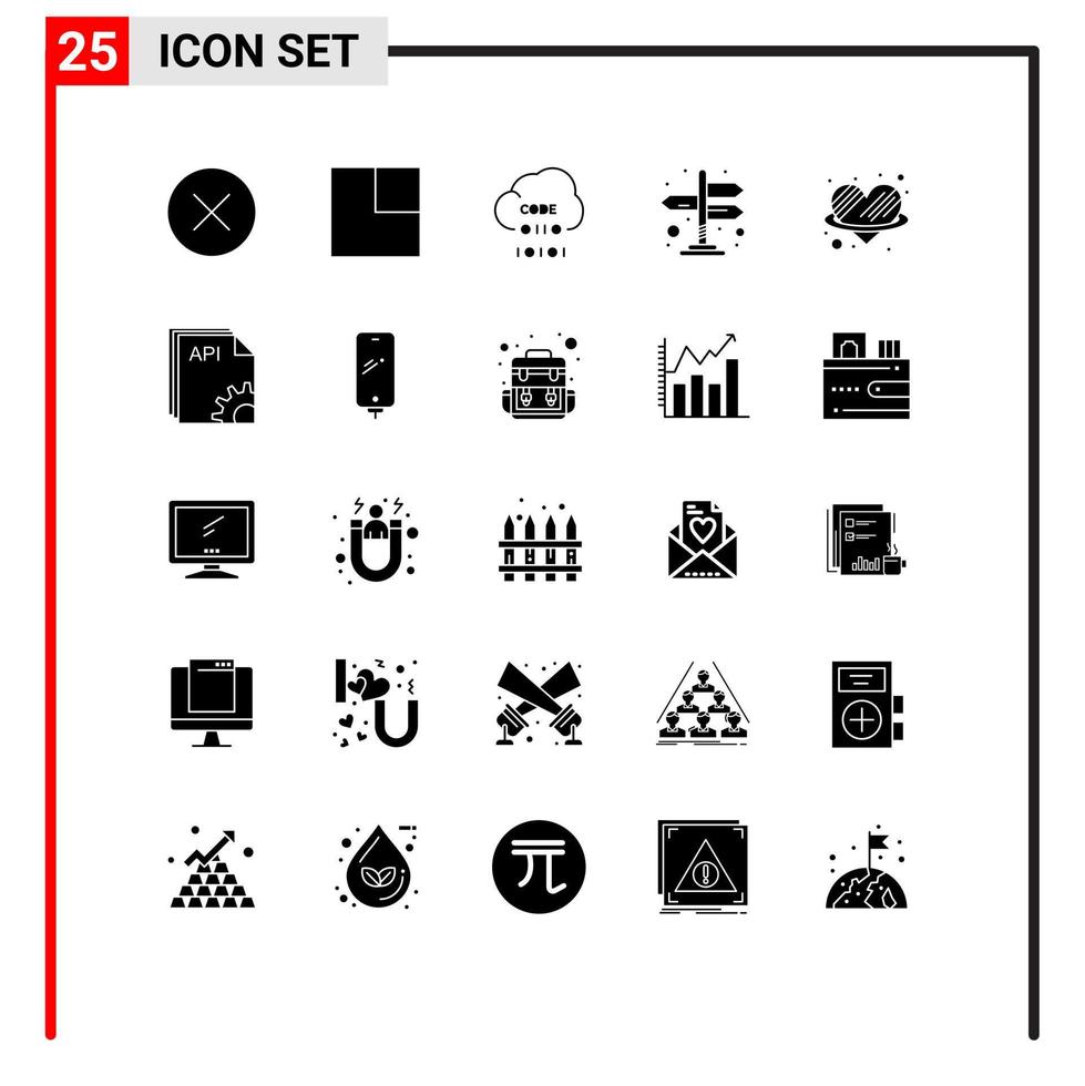 Group of 25 Modern Solid Glyphs Set for romance heart develop angle navigation Editable Vector Design Elements