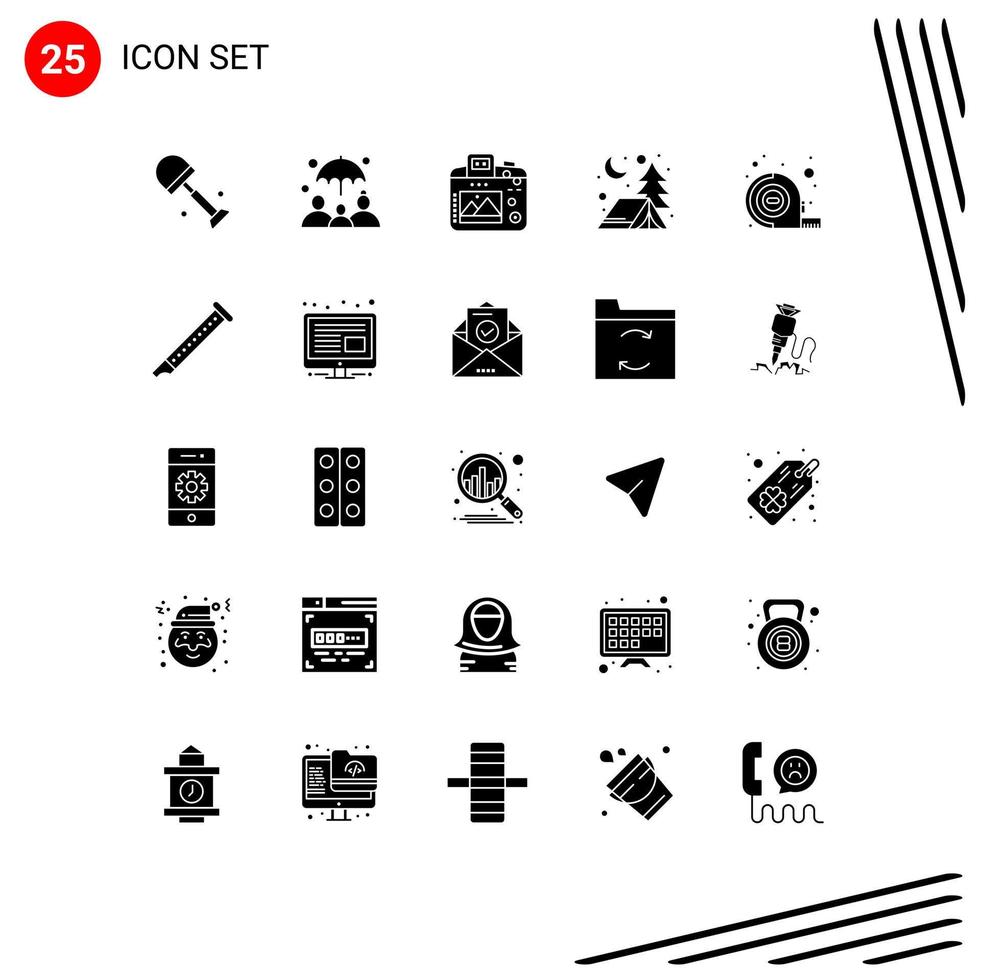 Modern Set of 25 Solid Glyphs and symbols such as audio tape image measuring camp Editable Vector Design Elements