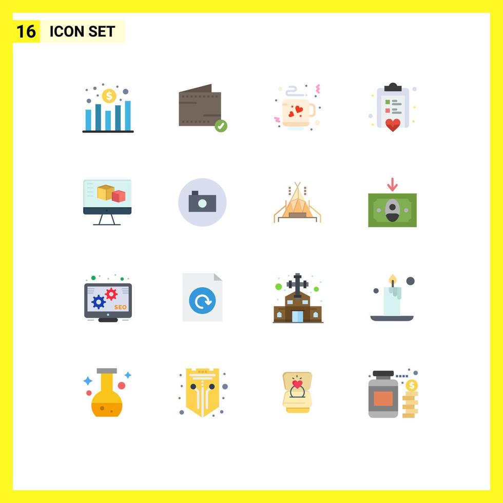 Modern Set of 16 Flat Colors Pictograph of box computer coffee love checklist Editable Pack of Creative Vector Design Elements