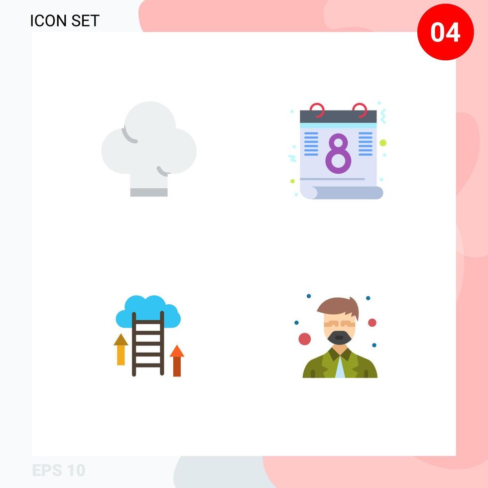 grupo de 4 iconos planos, signos y símbolos para los datos del chef, calendario, instructor en la nube, elementos de diseño vectorial editables vector