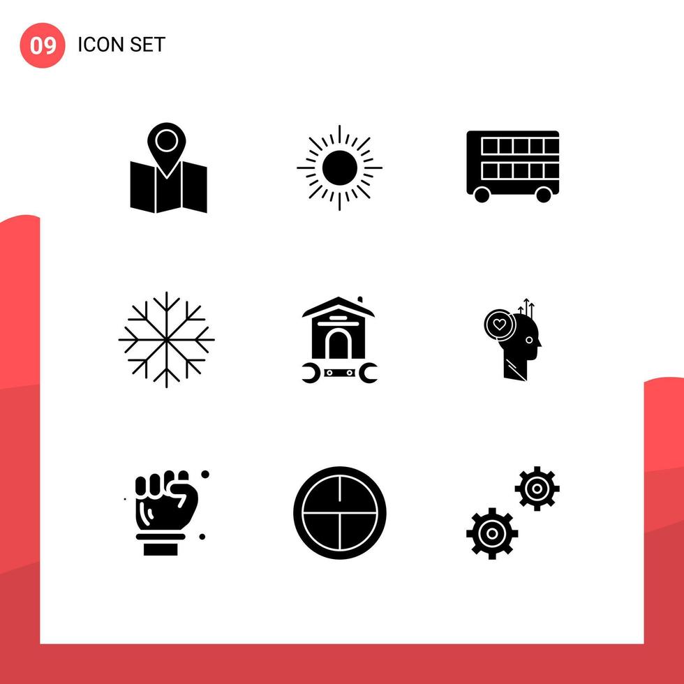 9 User Interface Solid Glyph Pack of modern Signs and Symbols of tool household double house snow Editable Vector Design Elements
