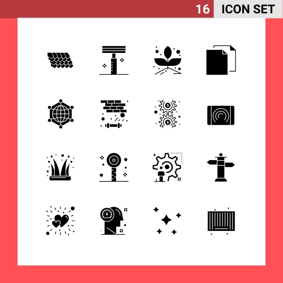 Pack of 16 Modern Solid Glyphs Signs and Symbols for Web Print Media such as server analytics grow file document Editable Vector Design Elements