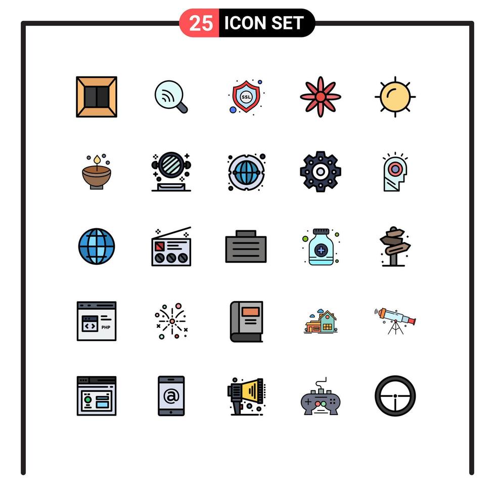 conjunto de pictogramas de 25 colores planos de línea rellena simple de elementos de diseño de vector editables de naturaleza de sol de seguridad meteorológica profunda