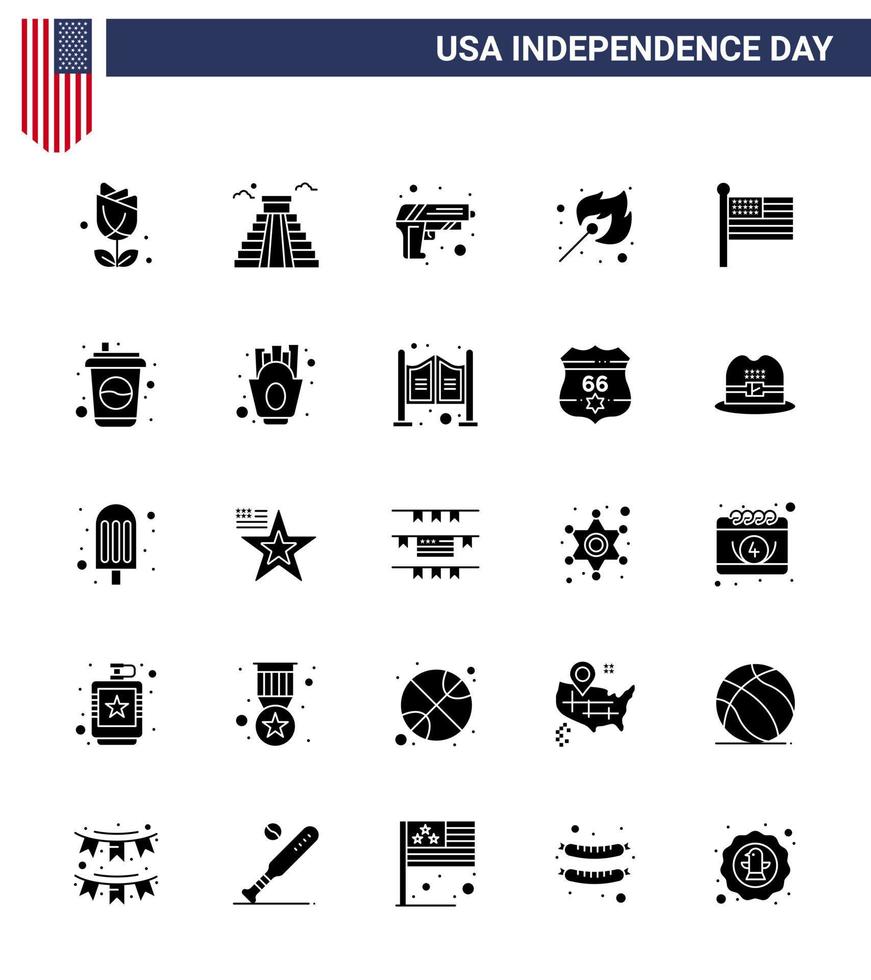 Set of 25 Modern Solid Glyph pack on USA Independence Day states outdoor gun match camping Editable USA Day Vector Design Elements