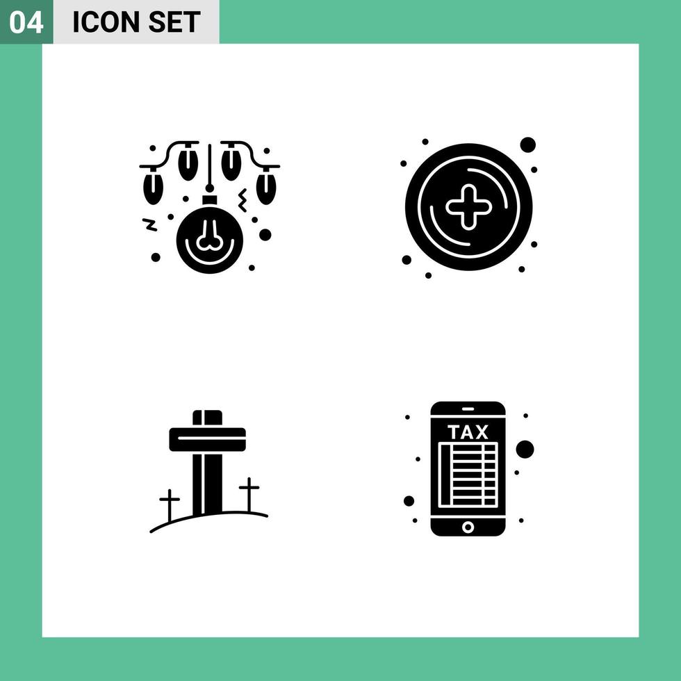 Modern Set of 4 Solid Glyphs Pictograph of bulb cross lights plus internet banking Editable Vector Design Elements