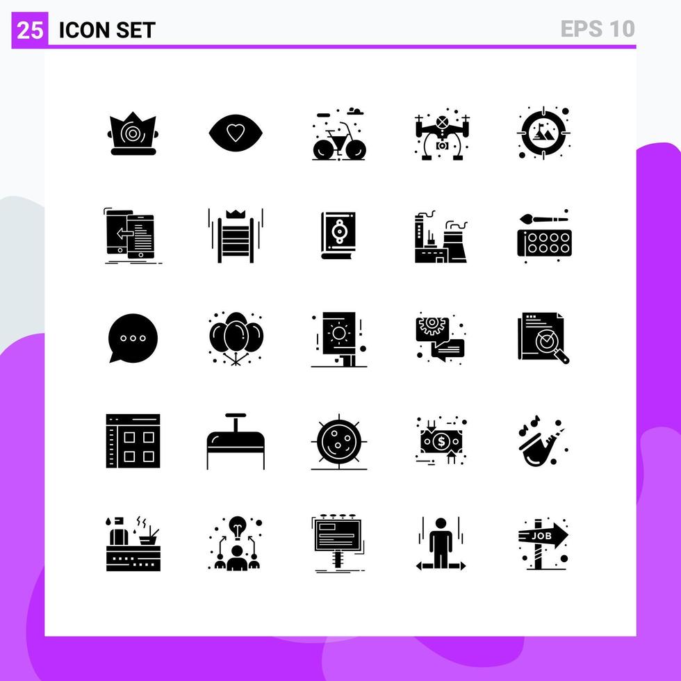25 Universal Solid Glyph Signs Symbols of data goal city focus hobby Editable Vector Design Elements