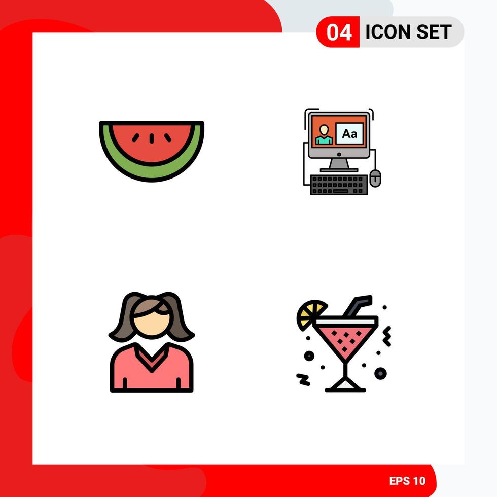 Set of 4 Vector Filledline Flat Colors on Grid for slice glass screen female lemon Editable Vector Design Elements