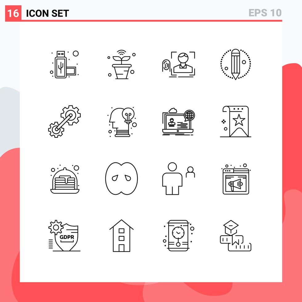 Group of 16 Outlines Signs and Symbols for cogwheel pencil finger process scanning Editable Vector Design Elements