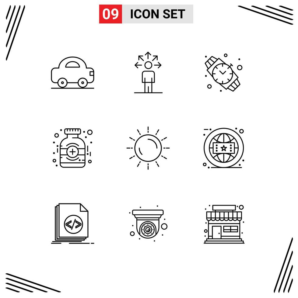 Modern Set of 9 Outlines Pictograph of sunset sun hand watch medicine bottle medical Editable Vector Design Elements