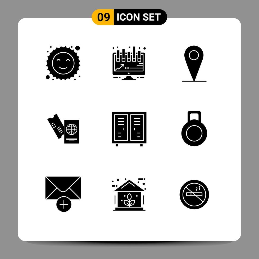 Group of 9 Solid Glyphs Signs and Symbols for closet athlete pin activities travel Editable Vector Design Elements